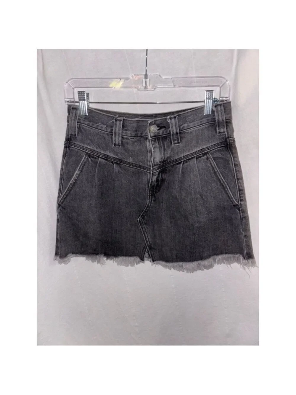 Free People Y2K Boho Western Mini Skirt- Sidecar Distressed Black Denim size 25